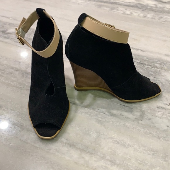 Woven brand Black Suede Peep-Toe Wedge - Picture 3 of 8